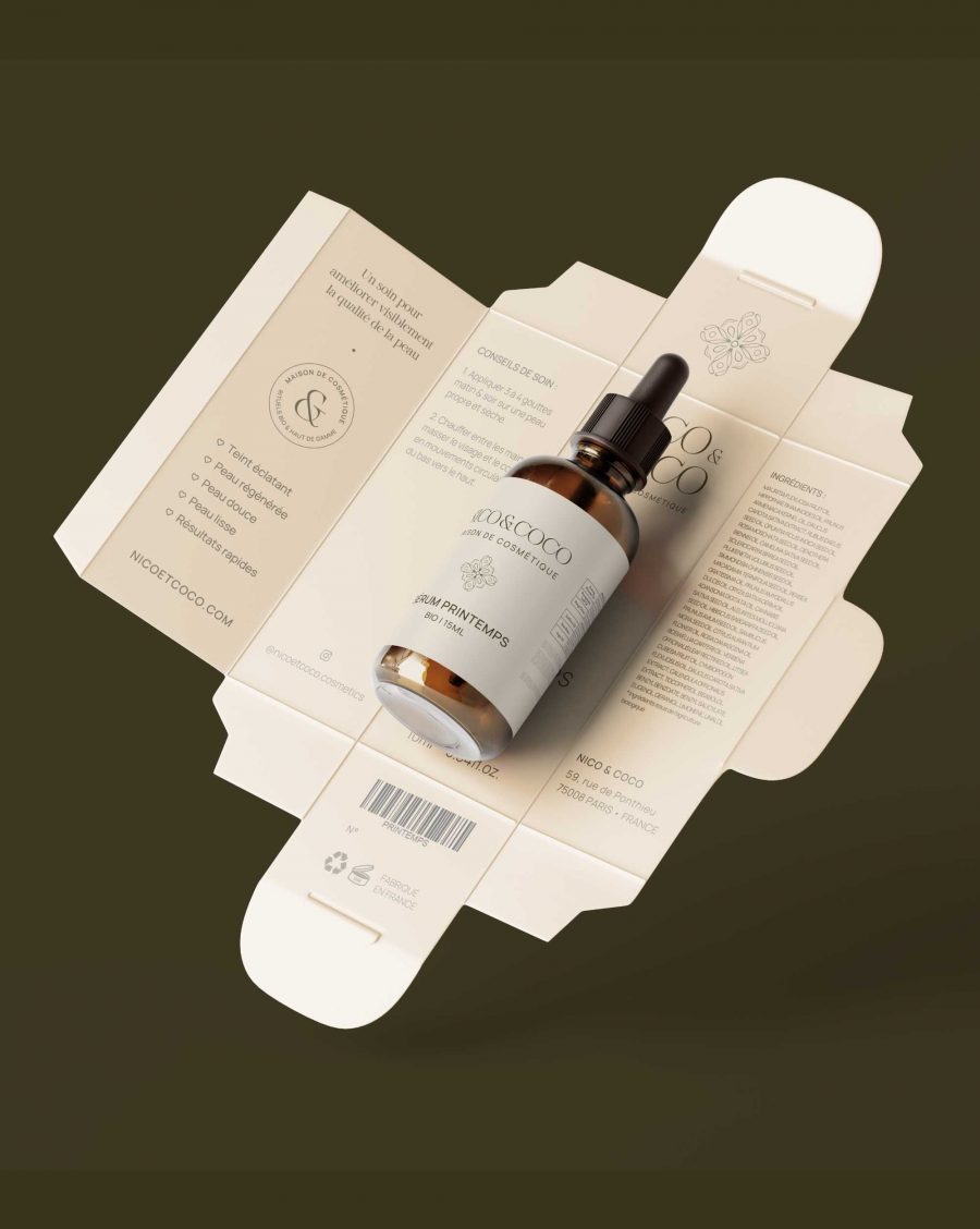 Packaging sérum Nico & Coco — design haut de gamme